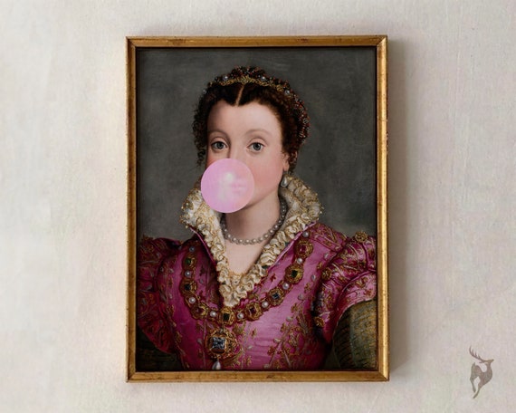 Lady Bubblegum Print Altered Vintage Painting Portrait Art Eclectic Wall