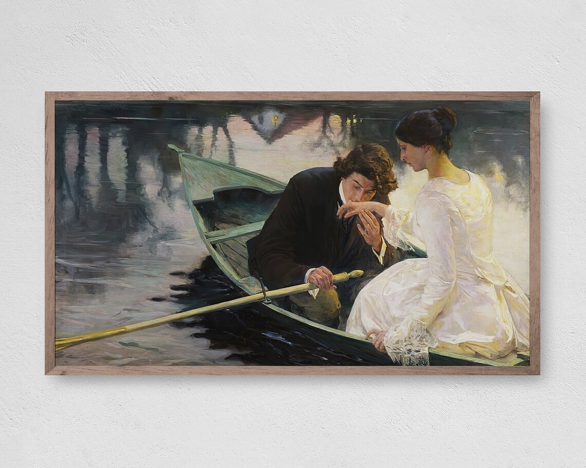 Man Kissing Woman Hand in Rowboat at Dusk Romantic Art Poster