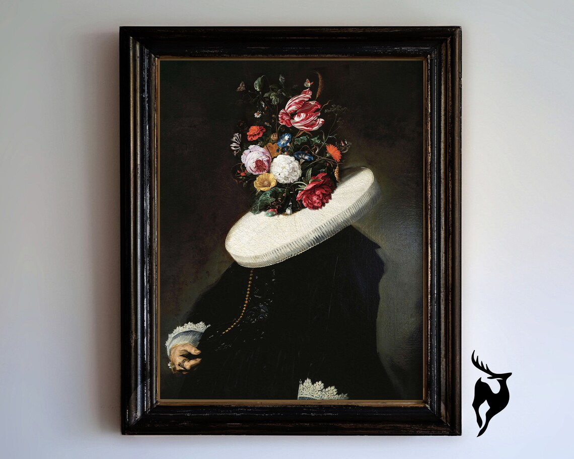 Dutch Golden Age Flower Head Woman Altered Art Portrait Poster