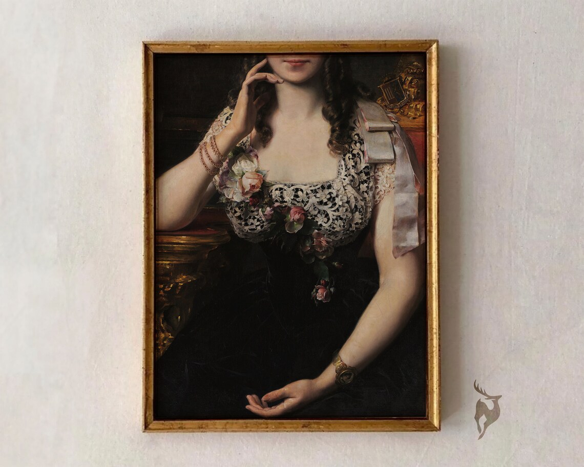 Victorian Woman in Black Lace Dress With Roses Vintage Portrait Poster