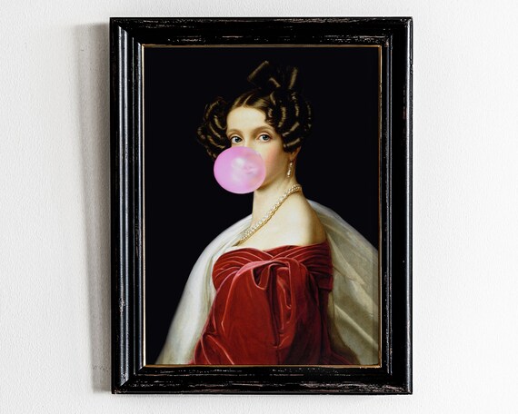Regency Lady in Red Dress Blowing Pink Bubblegum Bubble Quirky Altered Art Poster