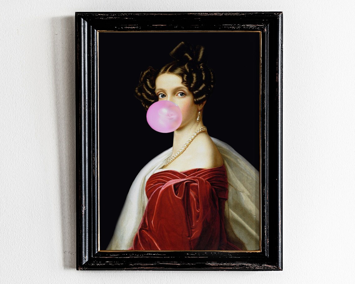 Regency Lady in Red Dress Blowing Pink Bubblegum Bubble Quirky Altered Art Poster