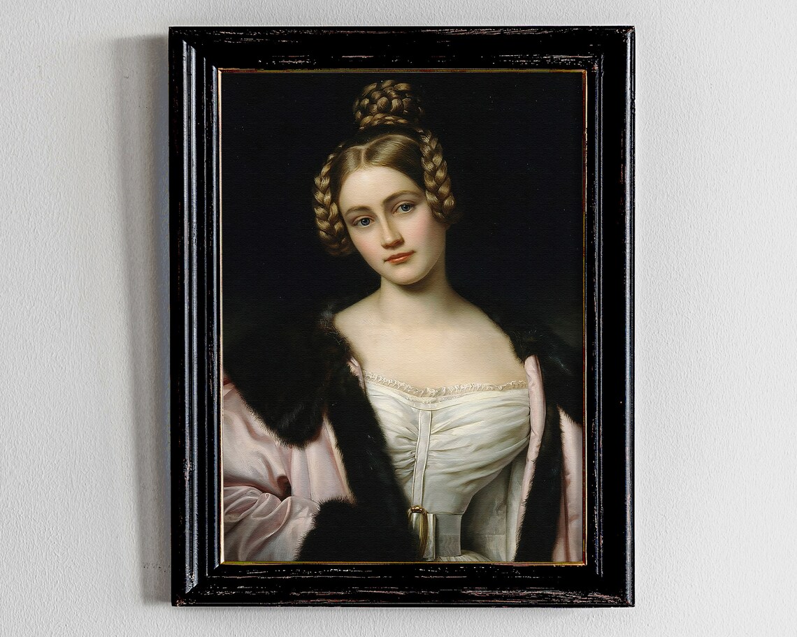 Vintage Oil Portrait Woman with Braided Crown Fur Stole Art Poster