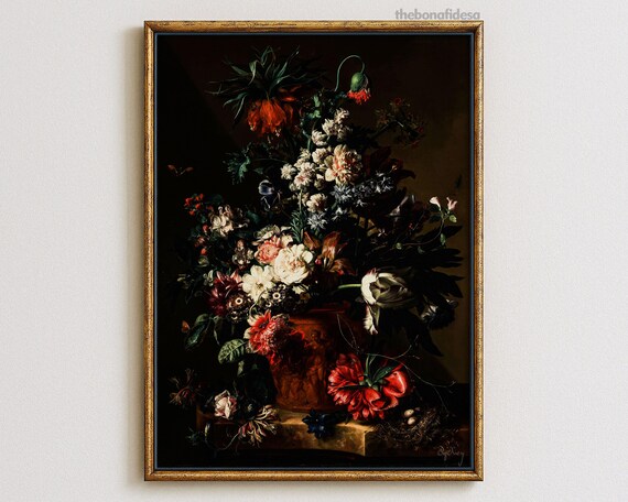 Dark Dutch Floral Still Life With Ornate Urn Vintage Botanical Poster