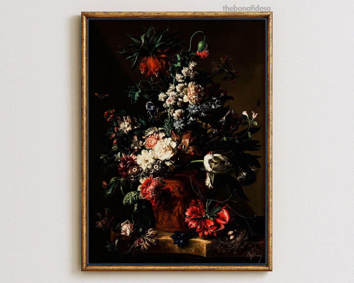 Dark Dutch Floral Still Life With Ornate Urn Vintage Botanical Poster