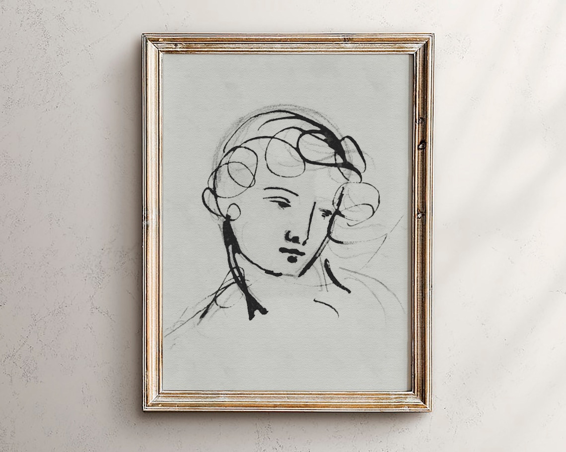 Minimalist Woman Portrait Art Print, Vintage Sketch