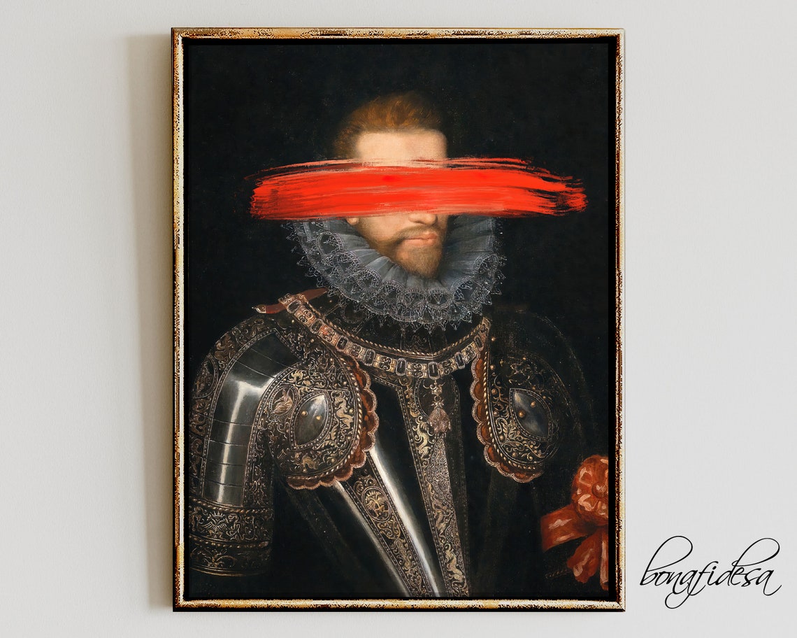 Altered Renaissance Knight Portrait with Bold Red Brushstroke Poster