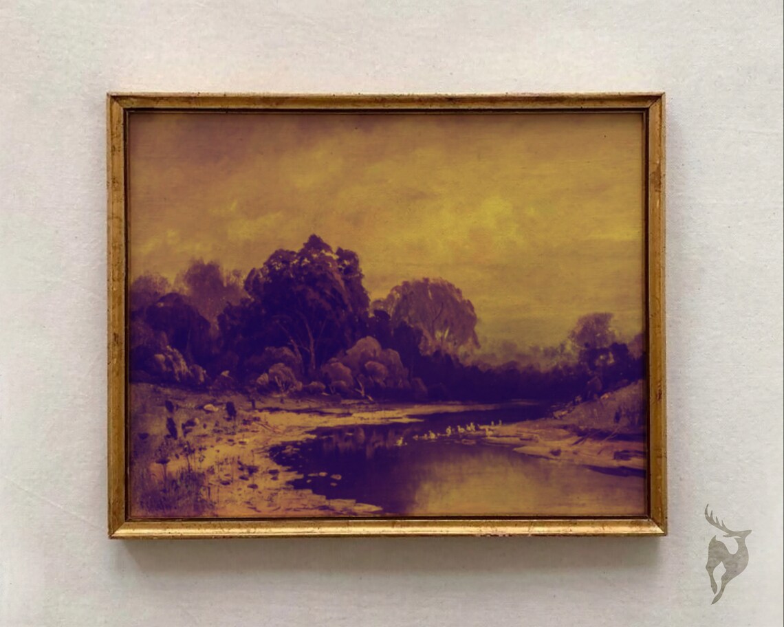 Golden Vintage Landscape Painting of a Lake and Trees at Dusk Poster