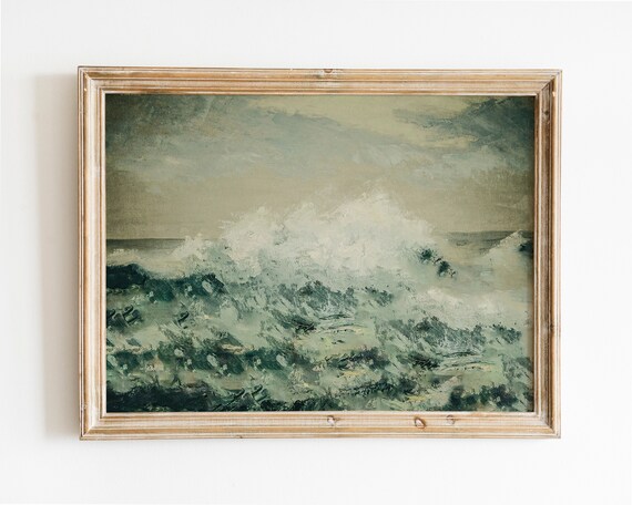 Vintage Ocean Wave Oil Painting in Muted Green Coastal Seascape Poster