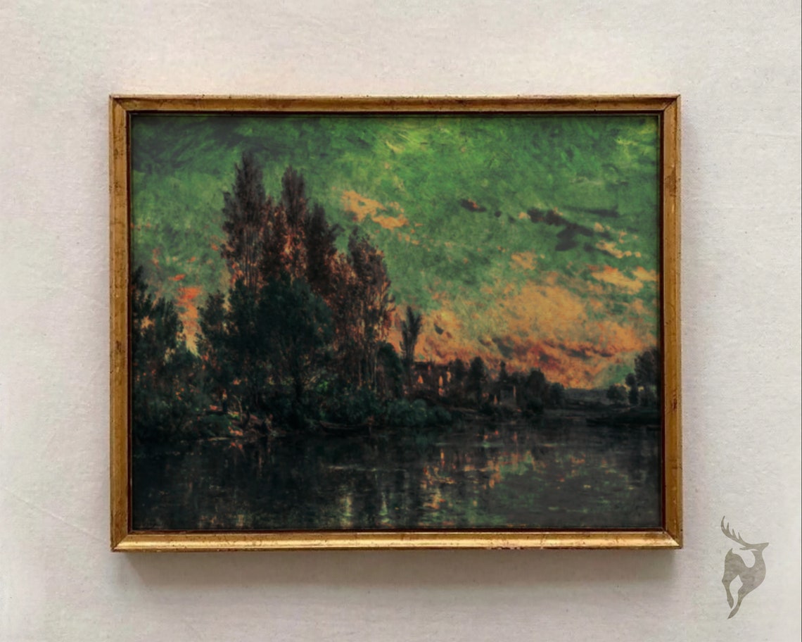 Dark River Sunset Impressionist Oil Painting Moody Trees Poster