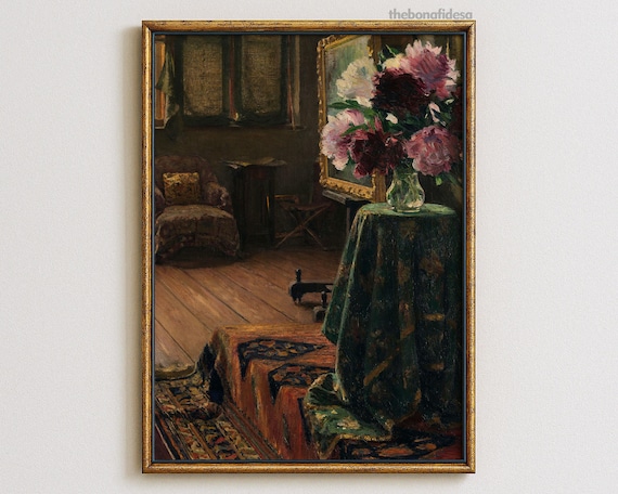 Vintage Artist Studio Interior Peony Bouquet Easel Chair Classic Oil Art Poster
