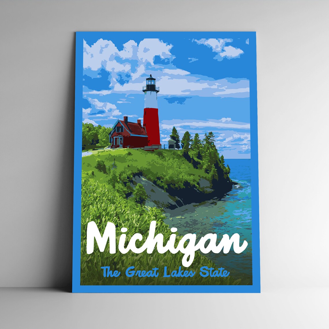 Michigan The Great Lakes State Vintage Lighthouse Travel Poster