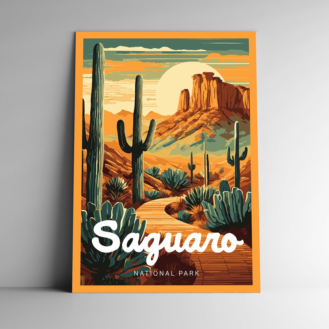 Saguaro National Park Desert Cactus Retro Sunset Illustration Poster