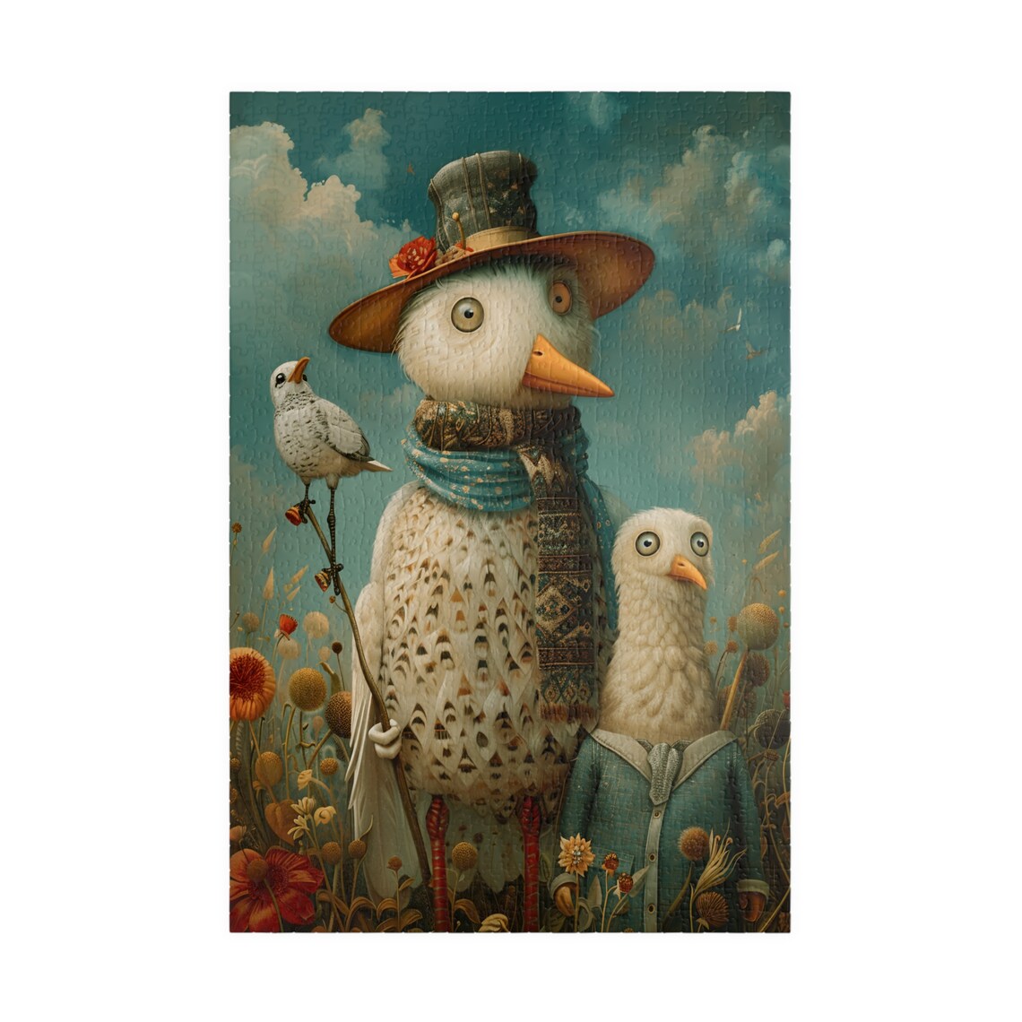 Whimsical Birds in Country Clothes in a Wildflower Meadow Scene Poster - Image 3