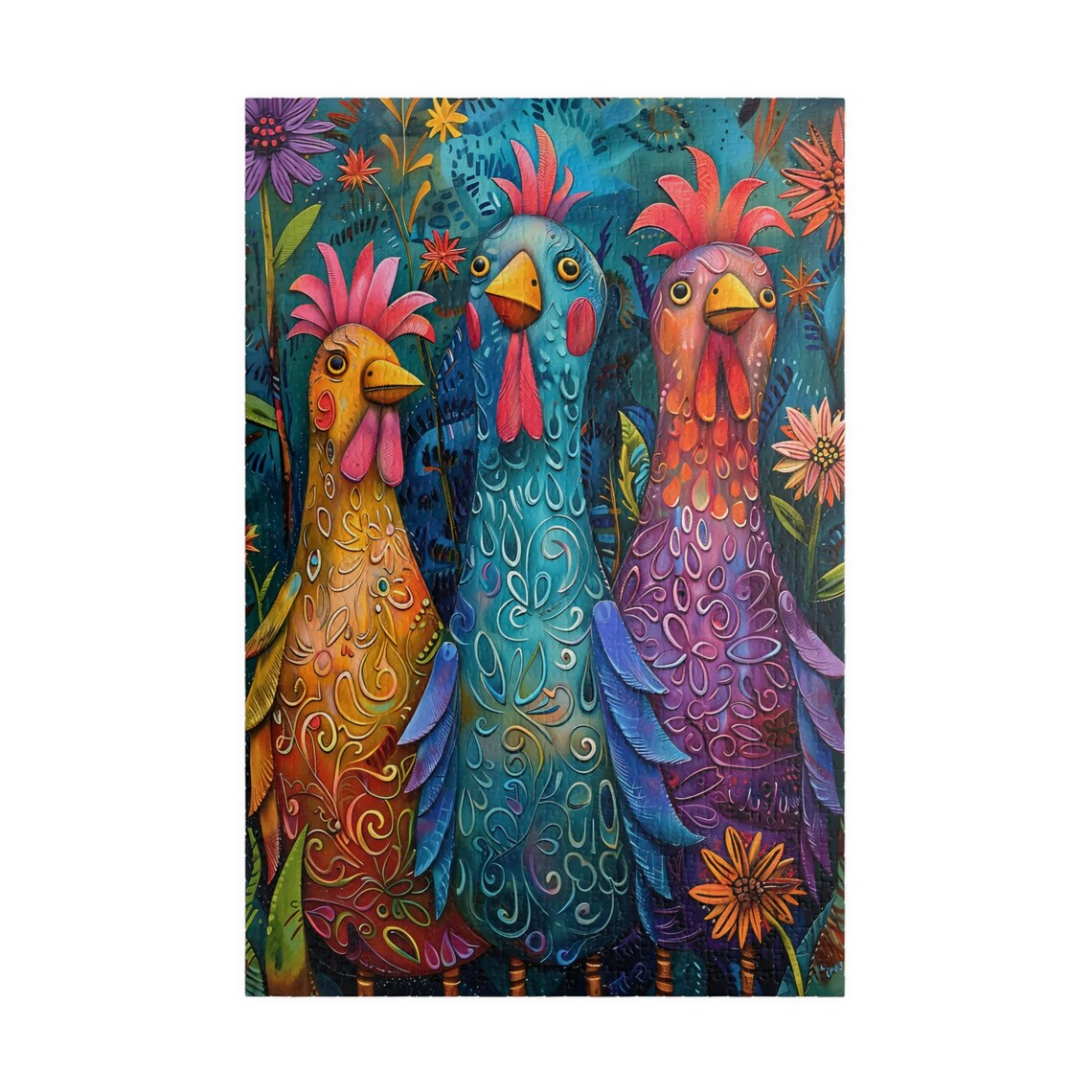 Three Colorful Chickens Whimsical Folk Art Fun Farm Bird Poster - Image 3