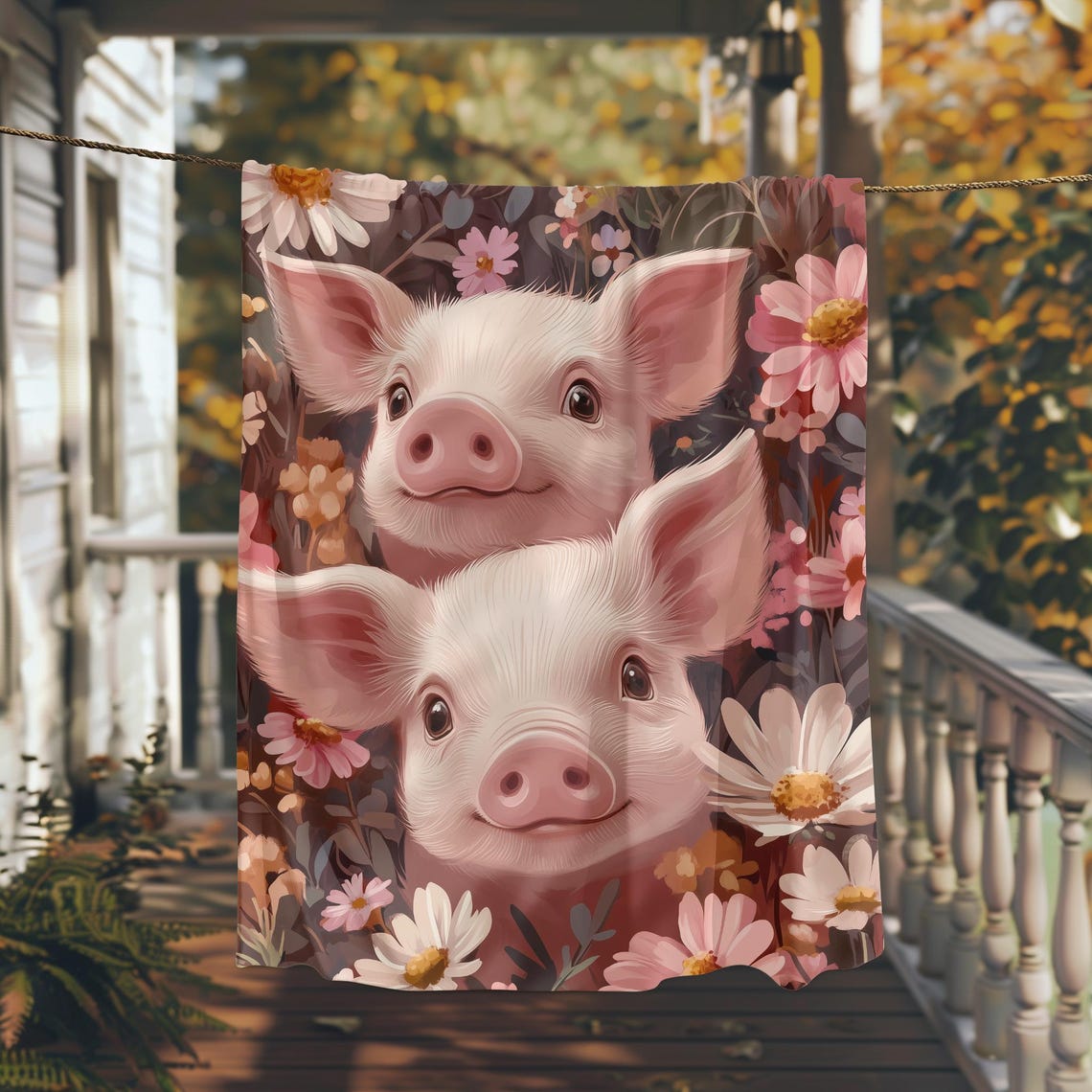 Two Cute Pink Piglets Peeking Through a Field of Flowers Poster
