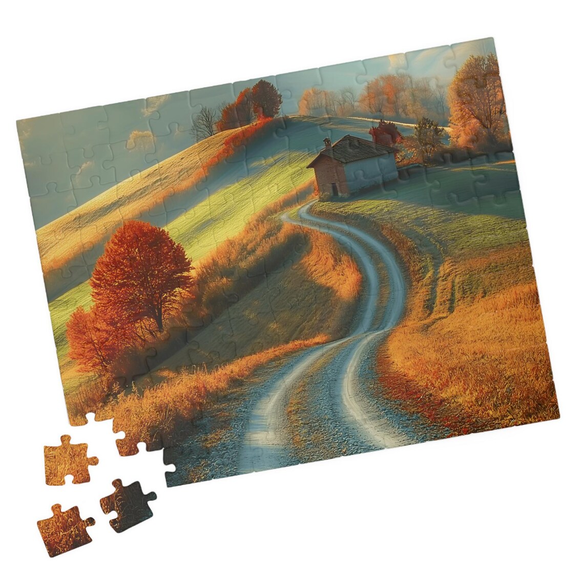Golden Autumn Country Road Winding To A Small Cottage Art Print