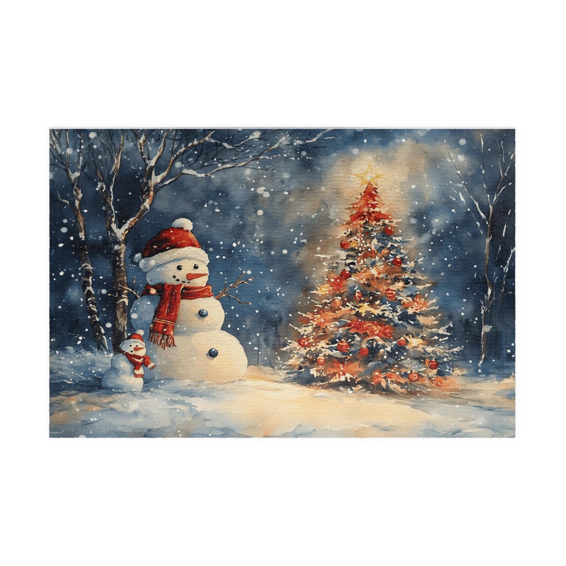 Two Snowmen Beside A Decorated Christmas Tree At Night Art Print - Image 3