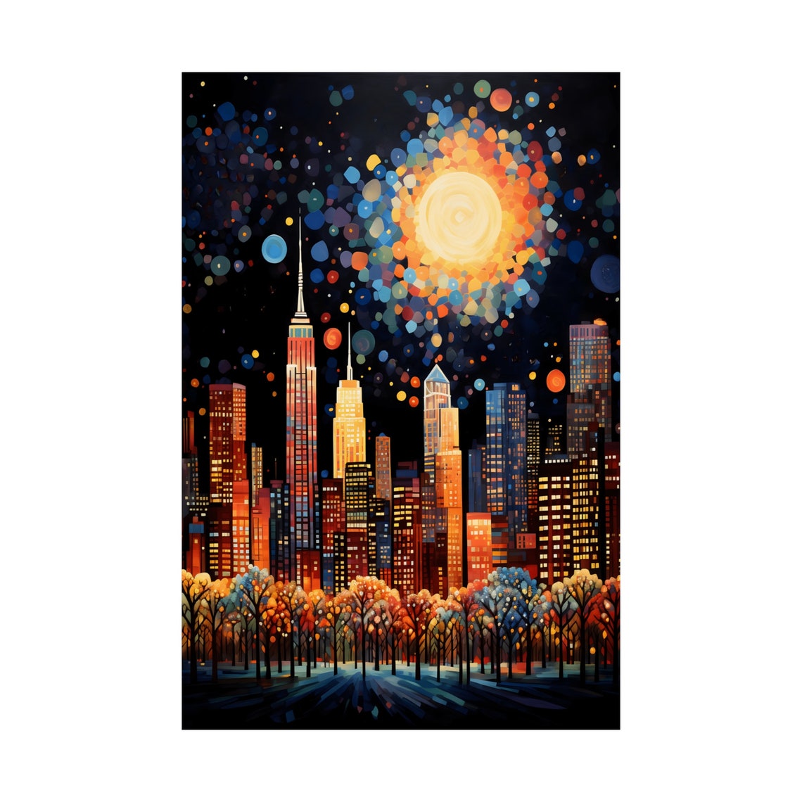 New York Skyline at Night with Dotted Moon and Park Trees Poster - Image 3