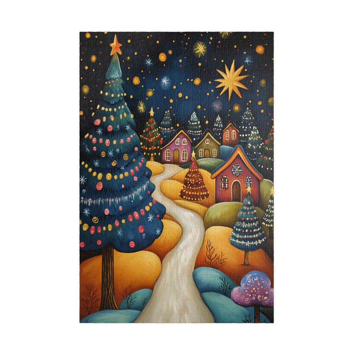 Folk Art Christmas Village With Giant Tree and Starry Night Sky Poster - Image 3