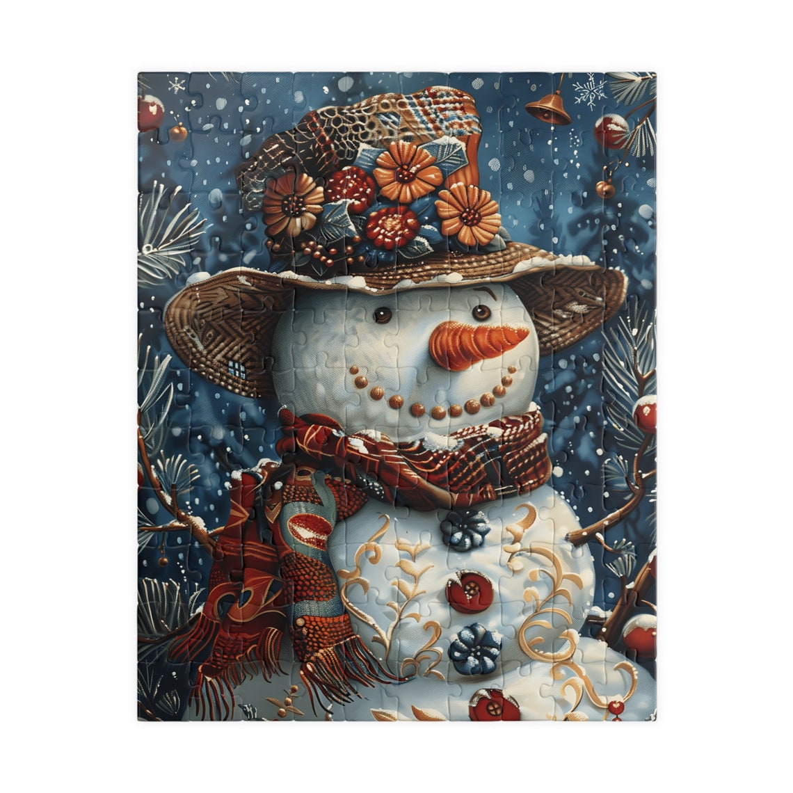 Festive Snowoman with Flower Hat and Red Scarf in Snowfall Poster - Image 5