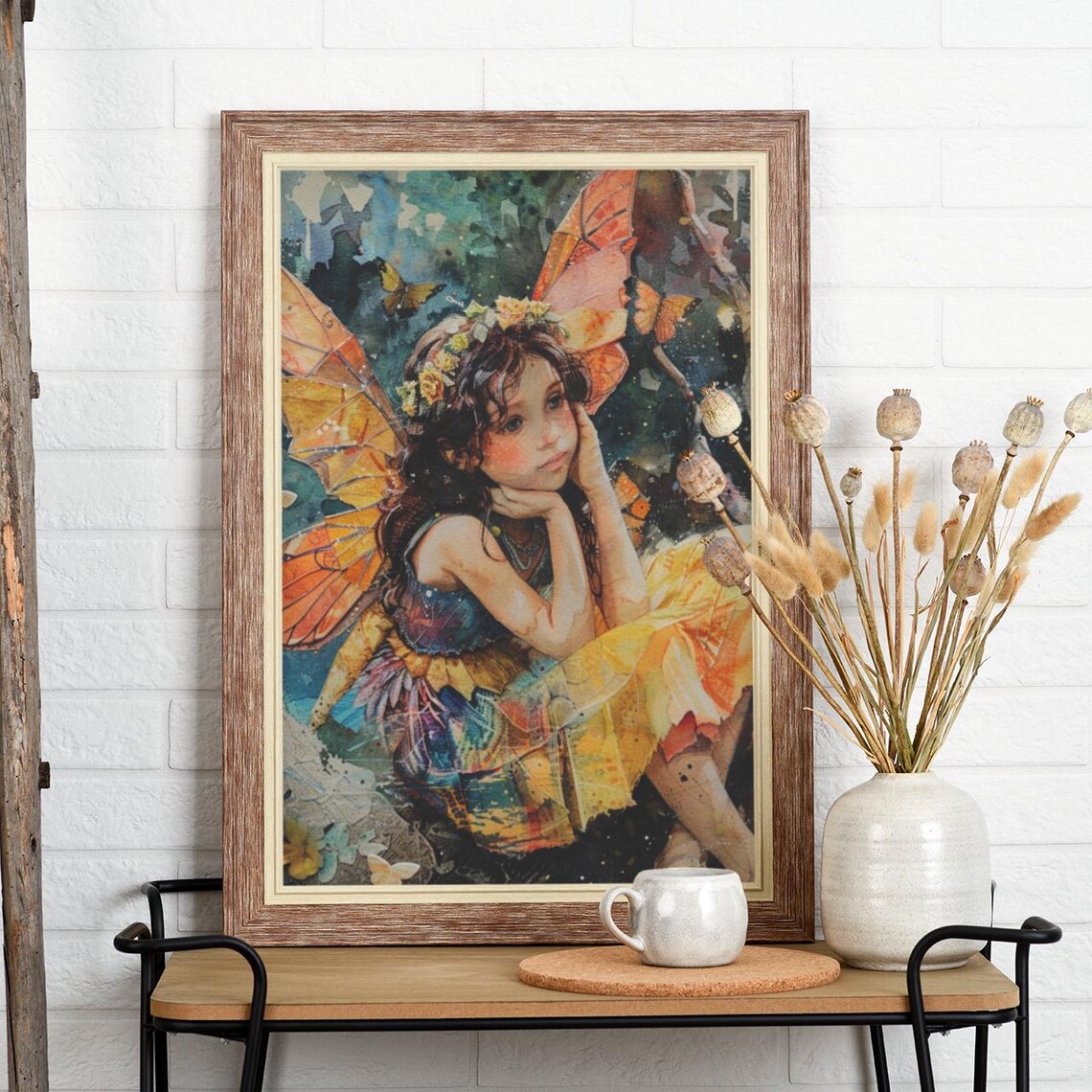 Daydreaming Fairy Girl Orange Wings Patchwork Dress Art Poster - Image 2