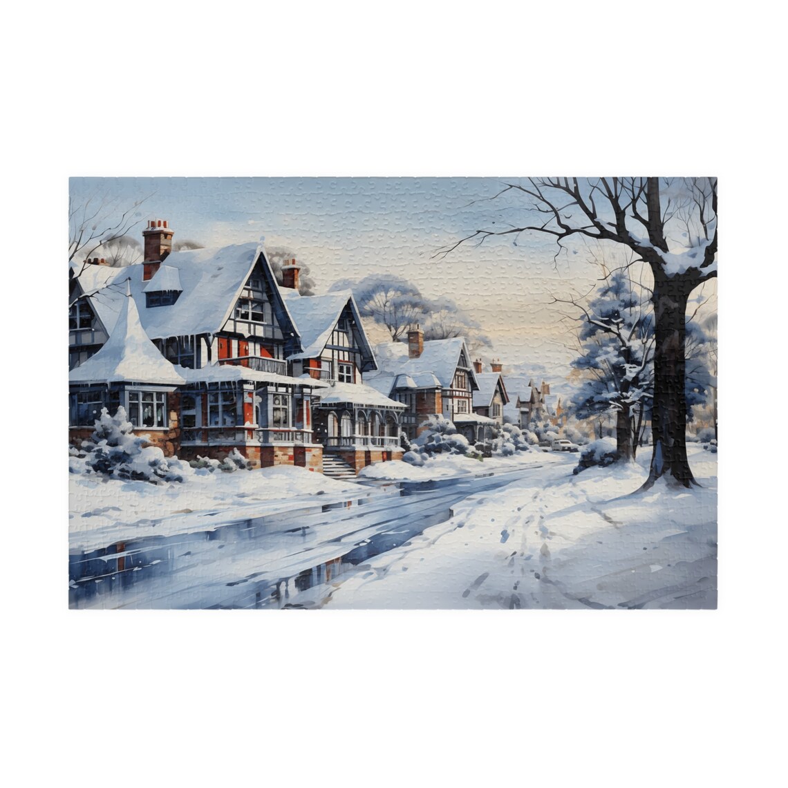 Snowy Victorian Street with Snow Covered Houses Winter Poster - Image 4