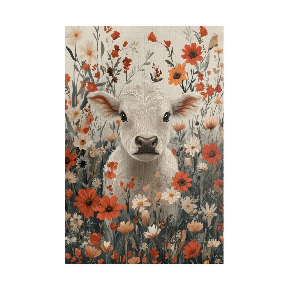 White Baby Cow Wildflower Meadow Calf Floral Cute Animal Poster - Image 3