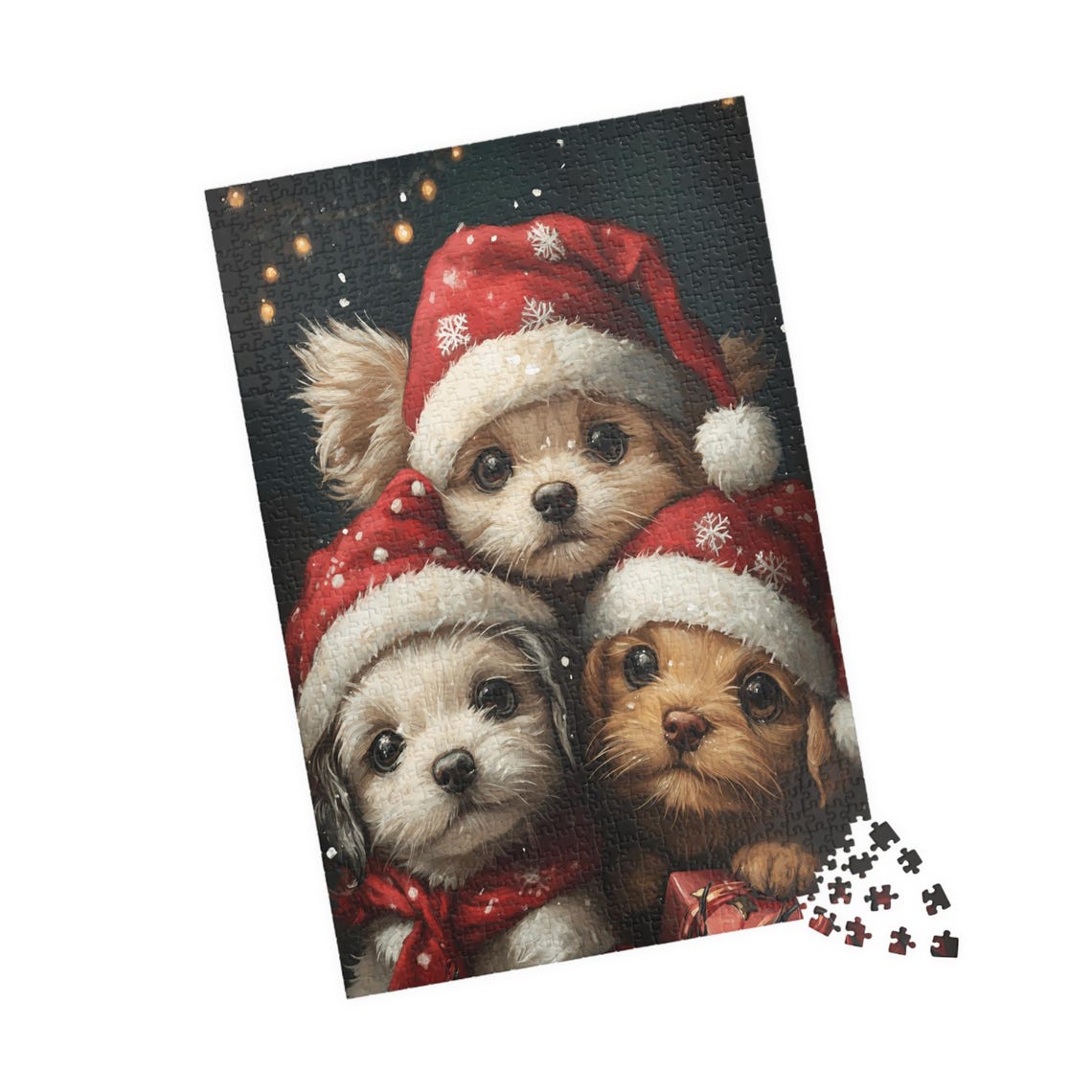 Three Puppies in Santa Hats With Snowflakes Christmas Dog Art Poster - Image 4