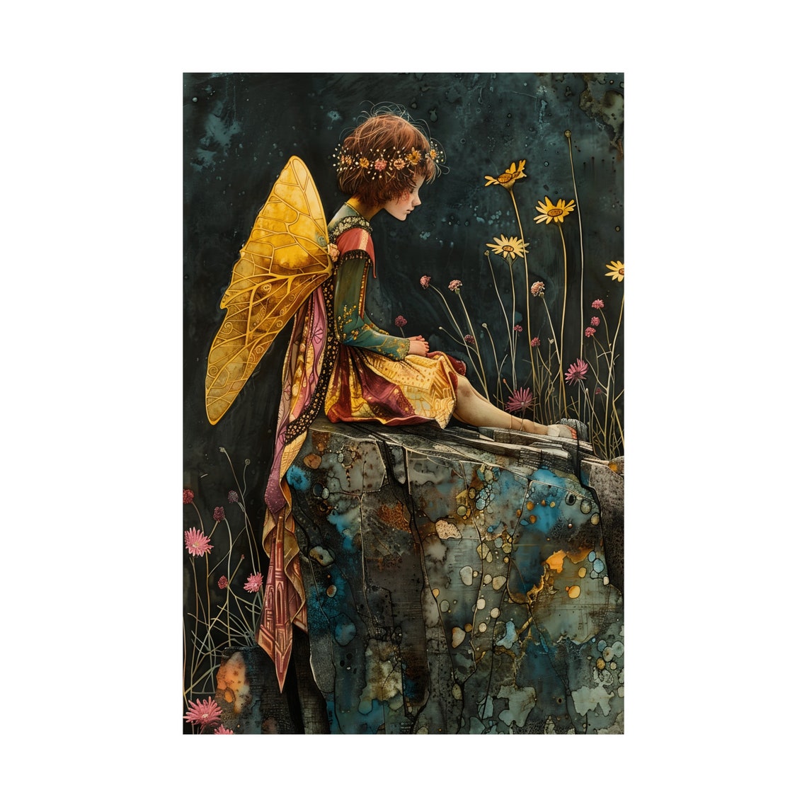 Golden Winged Fairy Sitting on a Rock at Twilight Watercolor Poster - Image 3