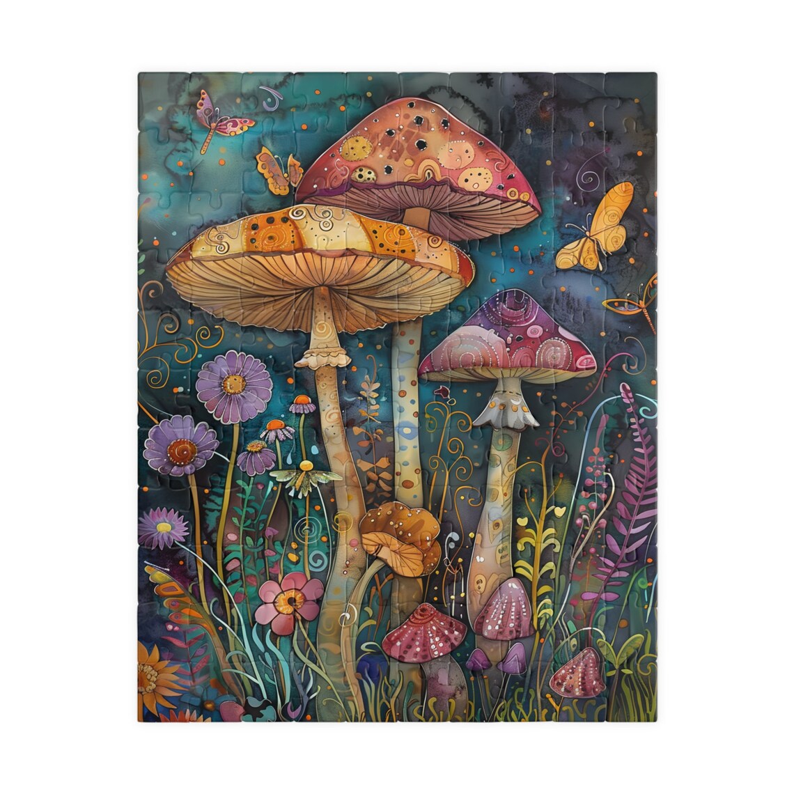 Whimsical Watercolor Mushroom Garden with Butterflies Night Poster - Image 2