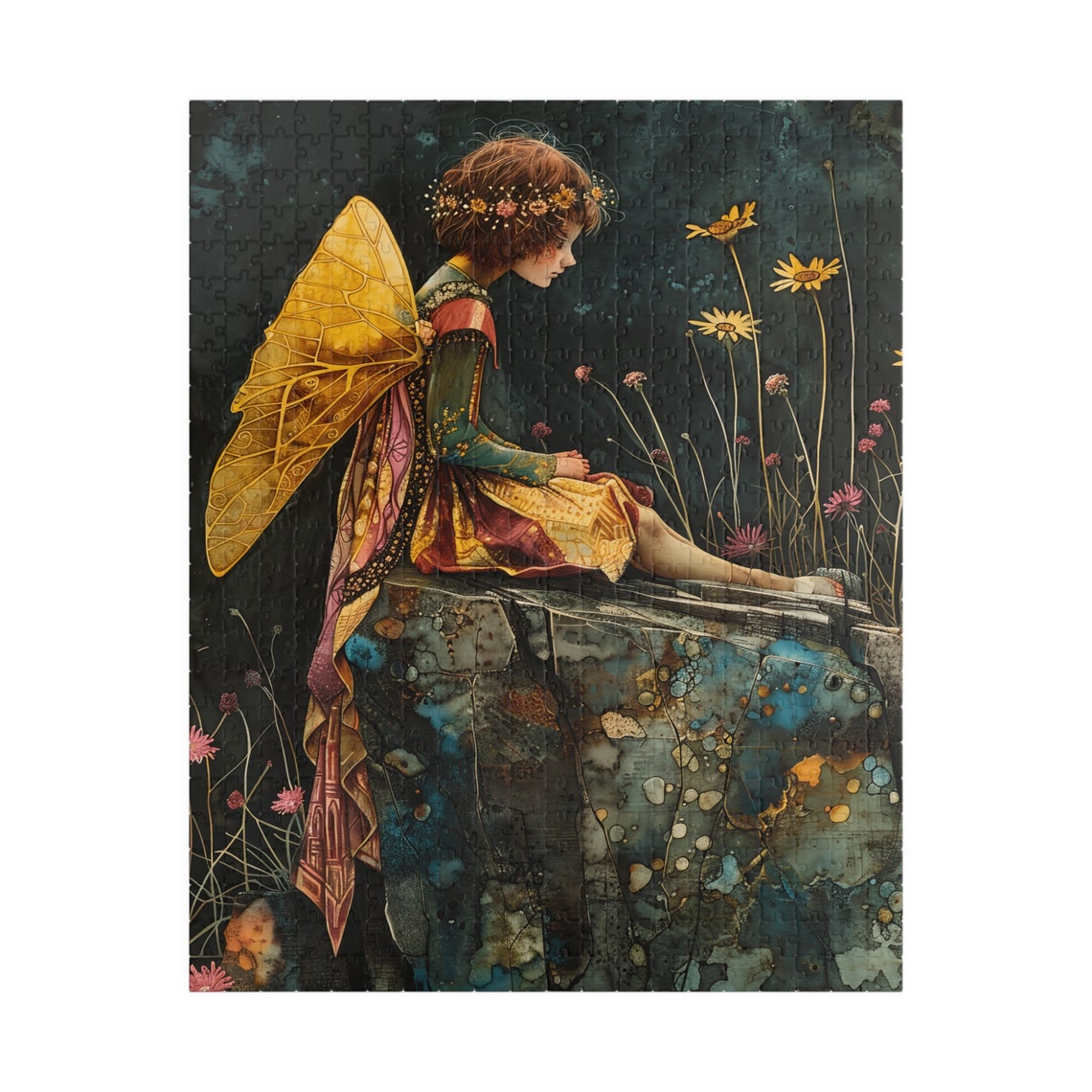 Golden Winged Fairy Sitting on Stone Ledge Dark Floral Art Poster - Image 5