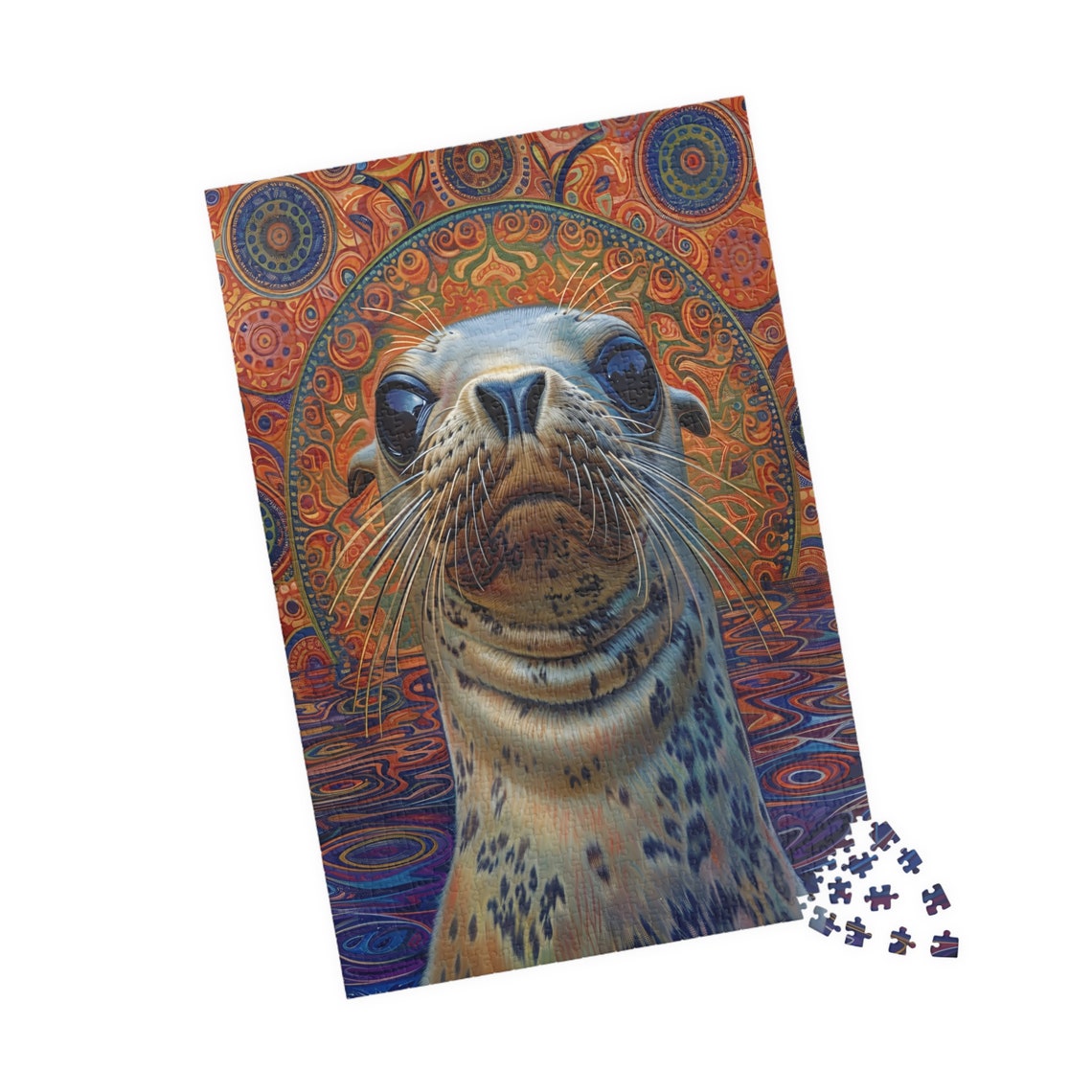 Baby Seal Close Up Portrait with Psychedelic Mandala Background Print - Image 4