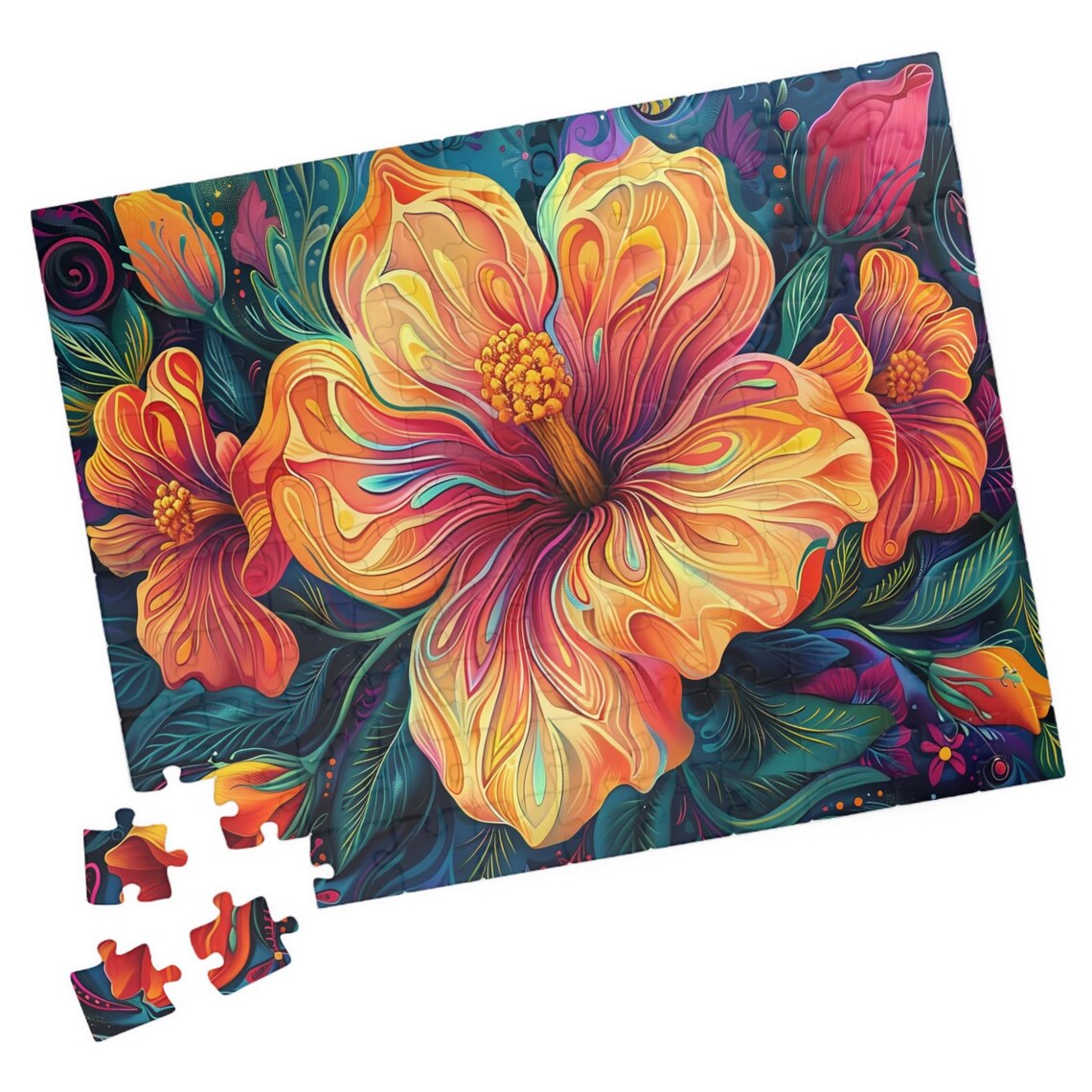 Tropical Hibiscus Flowers Colorful Psychedelic Floral Art Poster
