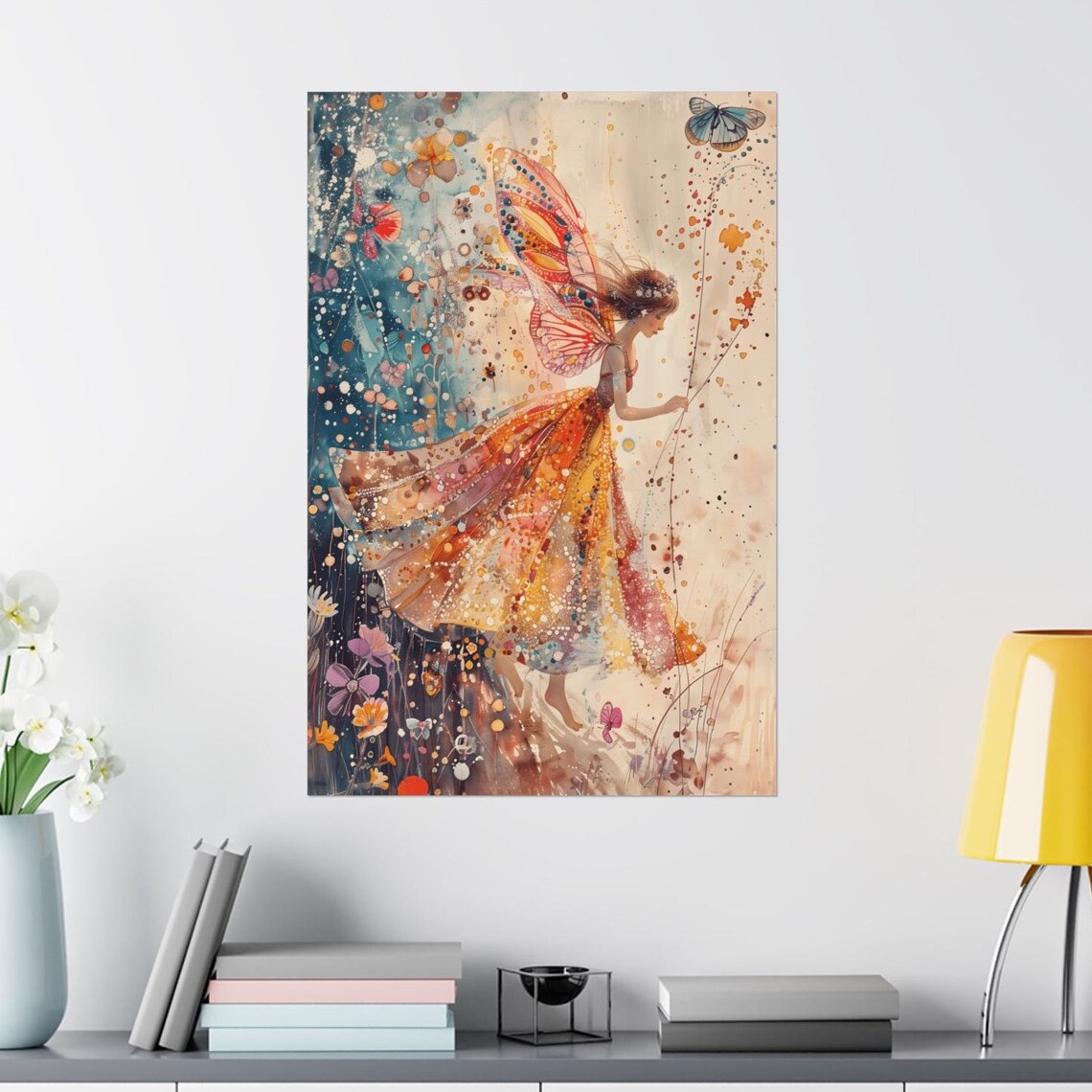 Dancing Fairy Butterfly Wings Swirling Gown Watercolor Art Poster
