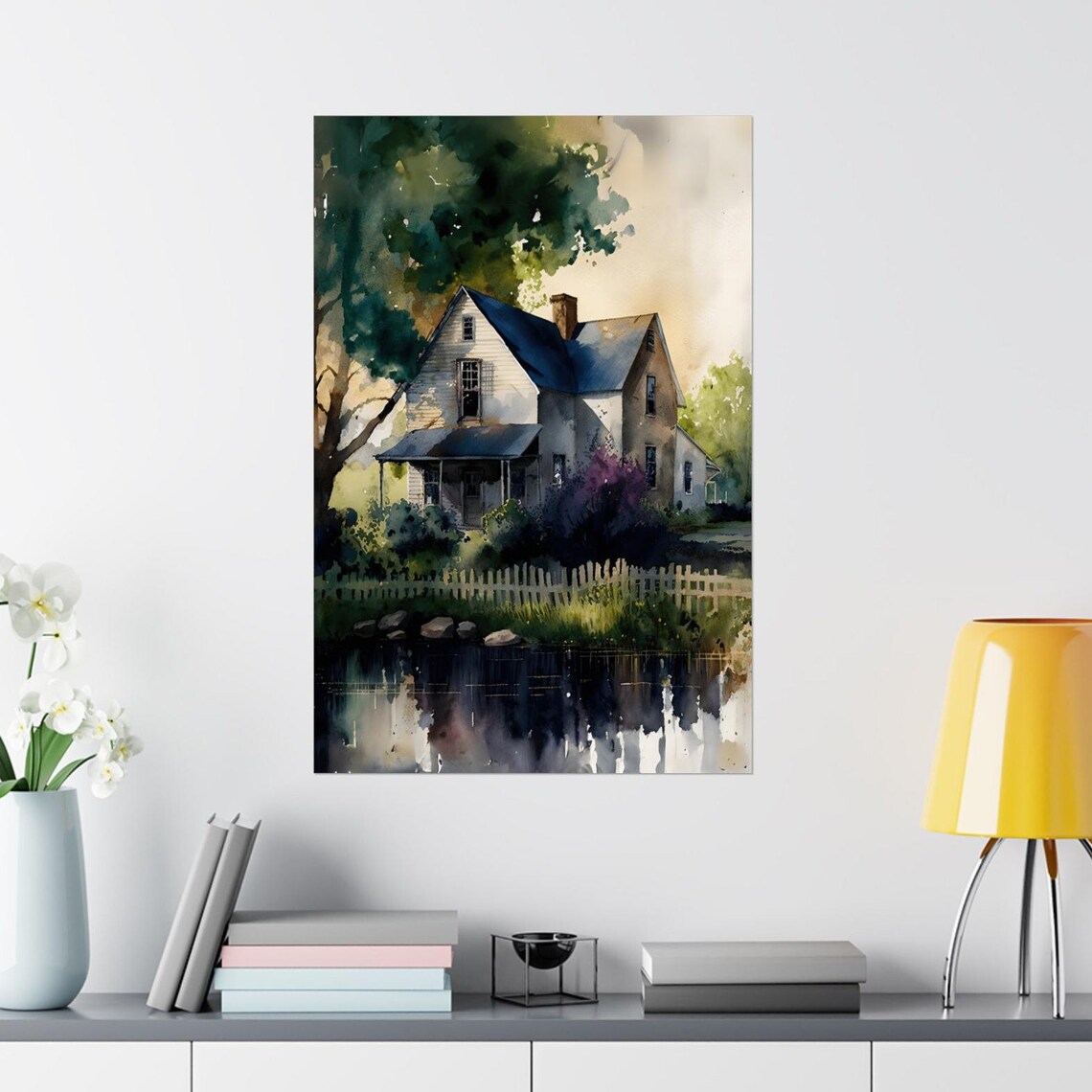 Watercolor Farmhouse Beside a Peaceful Reflecting Pond Poster