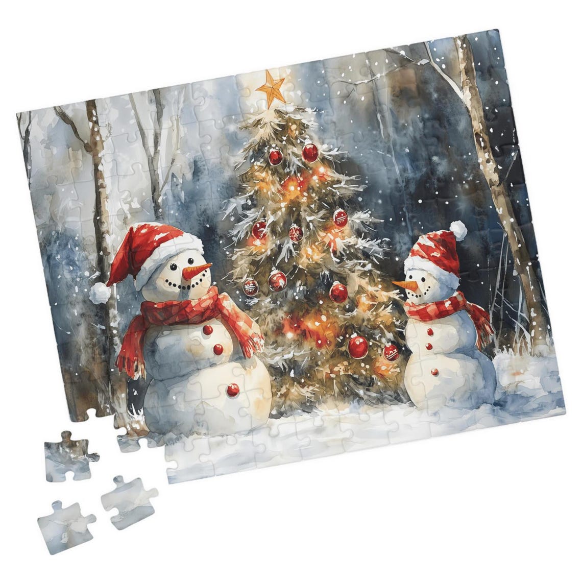 Two Snowmen In Santa Hats Beside A Lit Christmas Tree Winter Poster