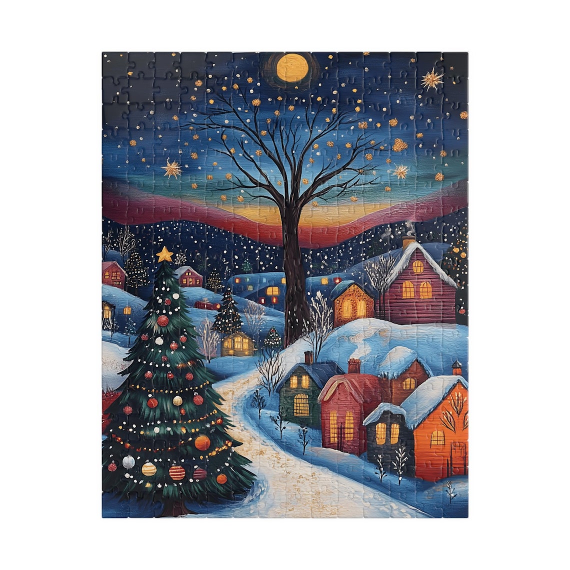 Snowy Christmas Village Under a Moonlit Golden Night Sky Art Print - Image 5