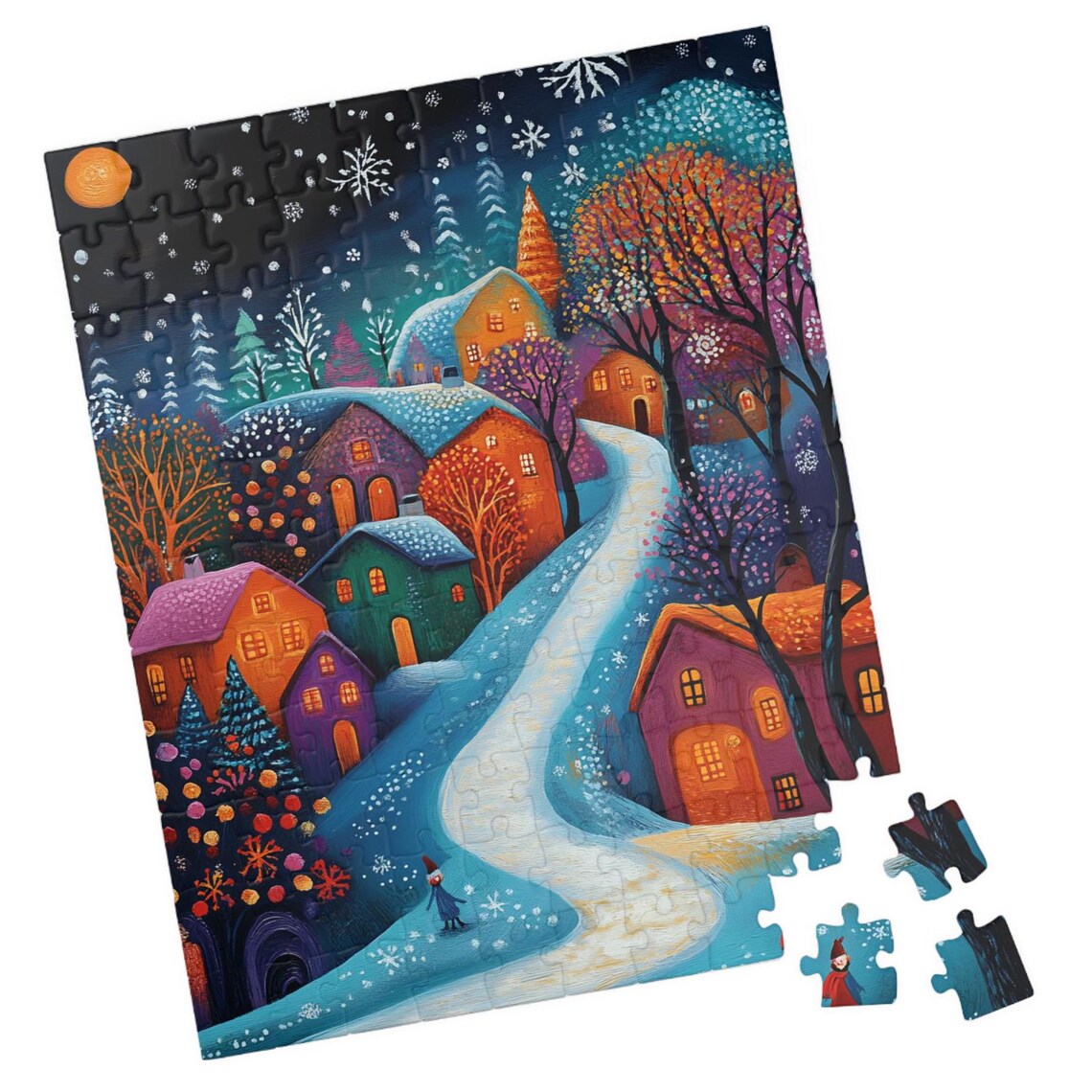Colorful Snowy Village at Night with Glowing Windows Art Print