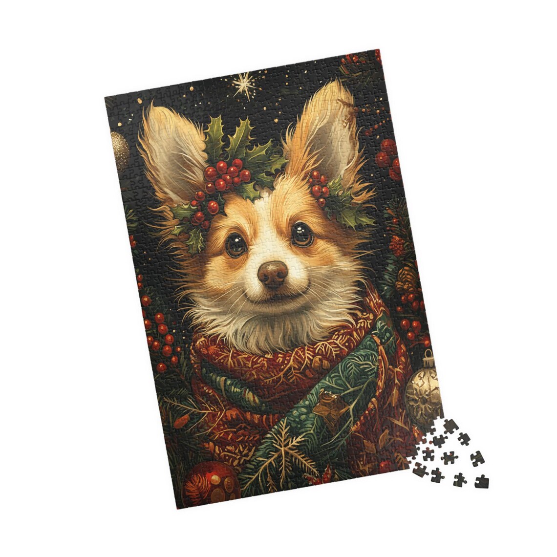 Corgi in Holly Crown and Plaid Scarf Festive Christmas Dog Art Poster - Image 4