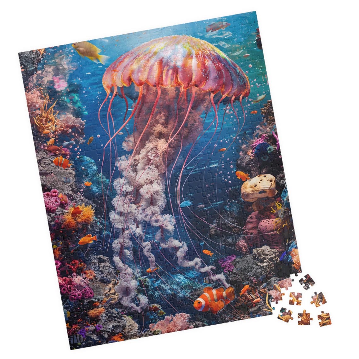 Glowing Jellyfish Over Coral Reef Underwater Ocean Scene Poster