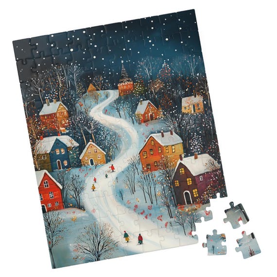Scandinavian Snowy Village At Night Folk Art Jigsaw Puzzle Gift For Holidays Birthdays Get Well And Nursing Homes Tech Free Activity