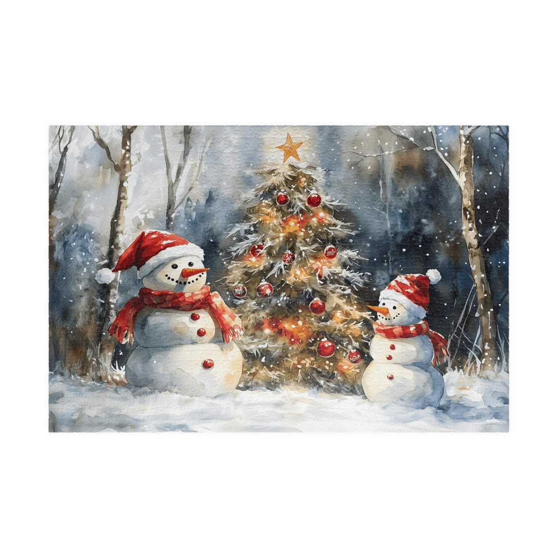Two Snowmen In Santa Hats Beside A Lit Christmas Tree Winter Poster - Image 3
