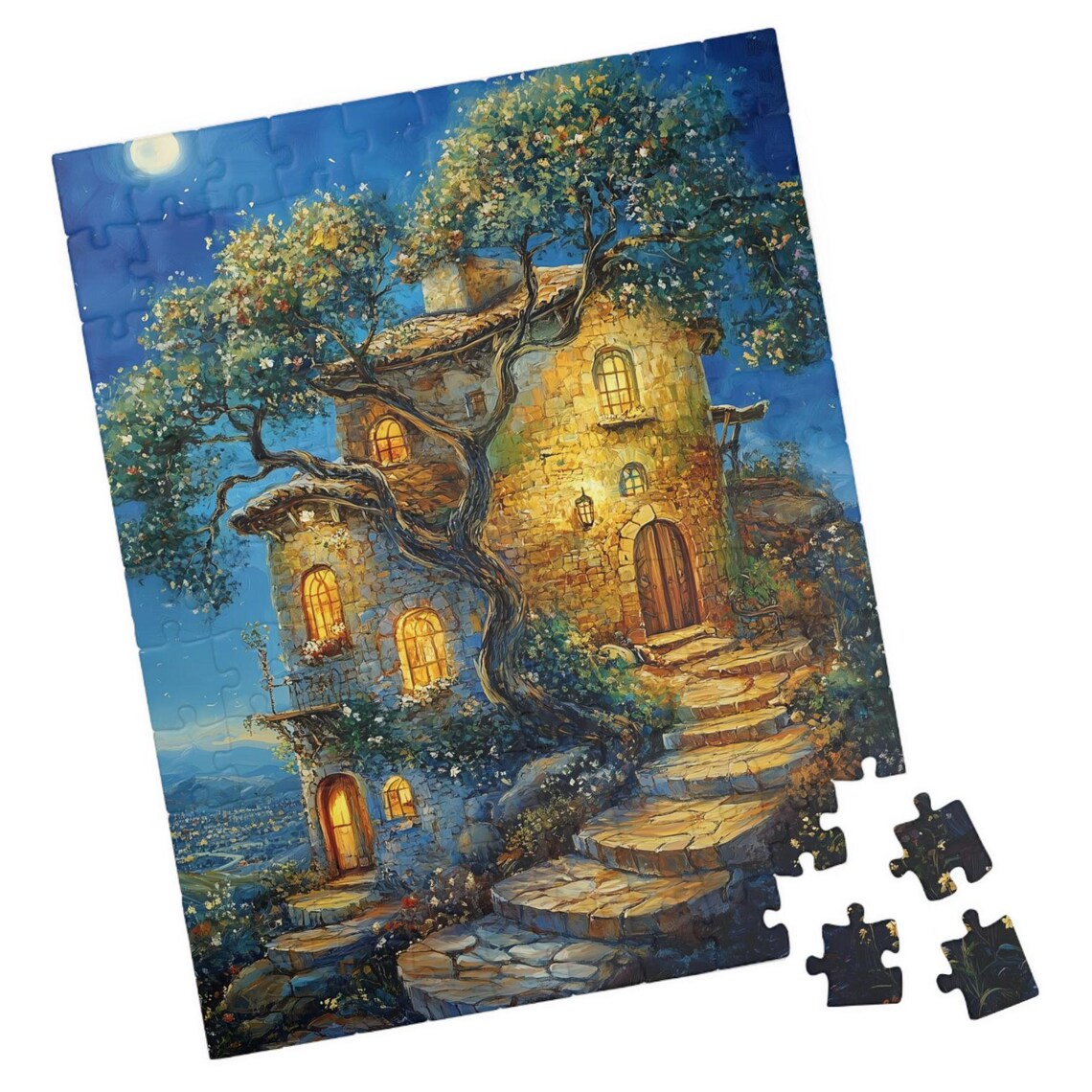 Moonlit Stone Cottage With Glowing Windows Under The Stars Art Print