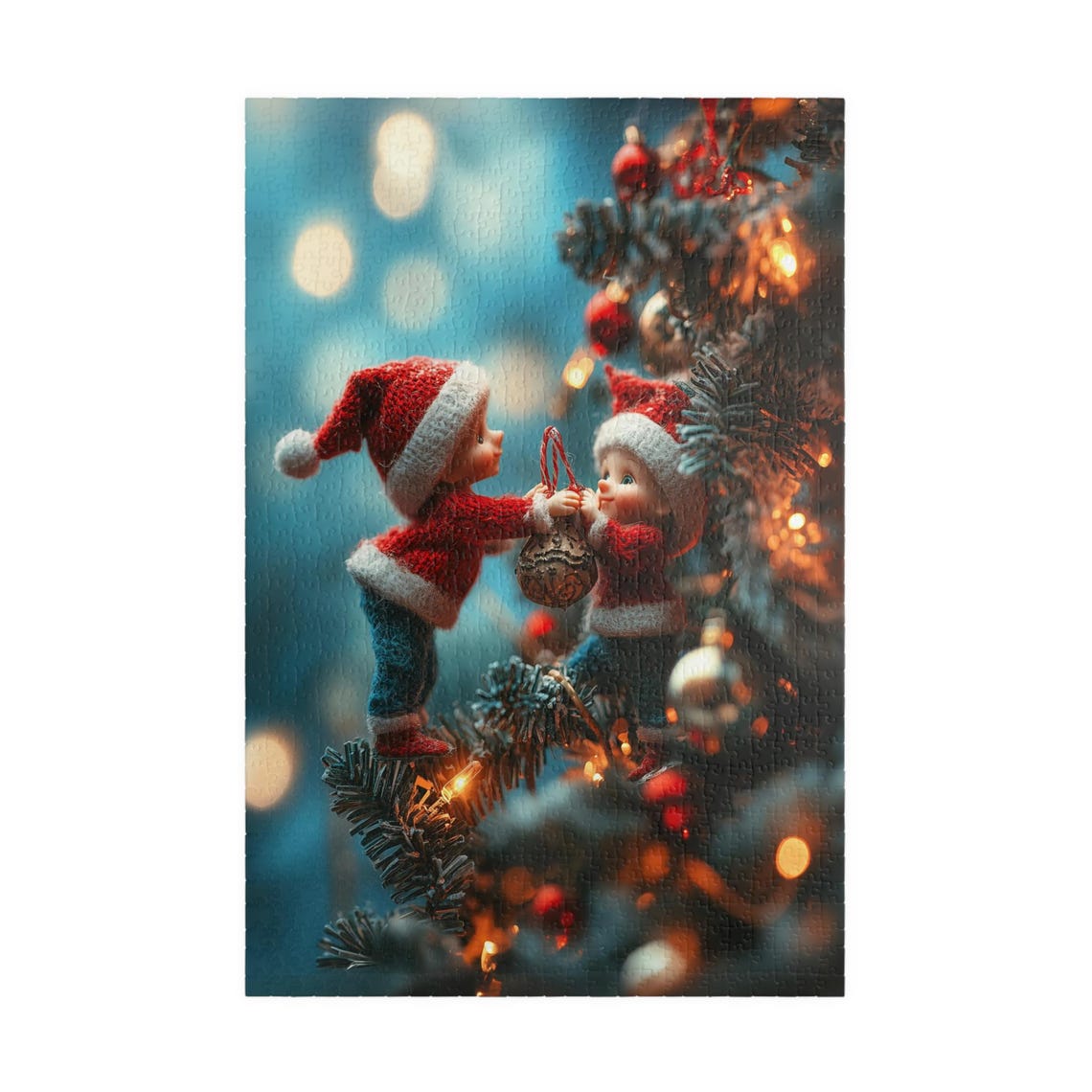 Two Tiny Knit Elves Hanging A Christmas Ornament On A Tree Print - Image 3