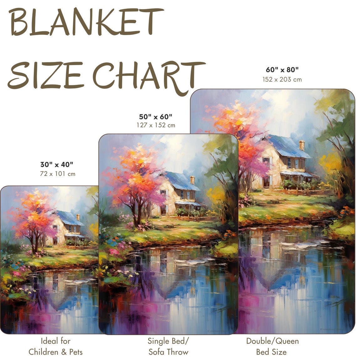 Dreamy Cottage With a Pink Blossom Tree by a Quiet Pond Poster - Image 5