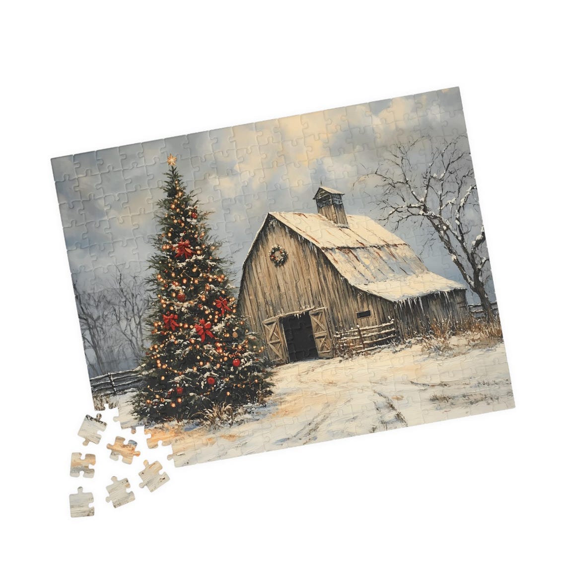 Rustic Barn With Lit Christmas Tree Red Bows Snowy Dusk Poster - Image 4