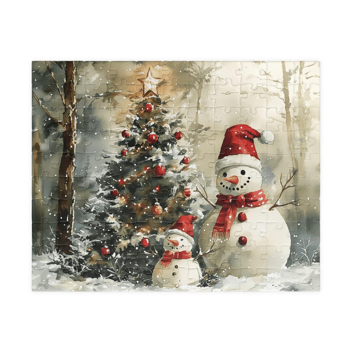 Two Snowmen With Santa Hats By A Christmas Tree In Snow Art Print - Image 5