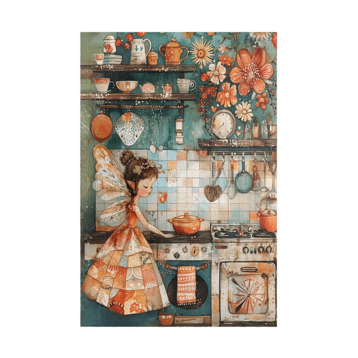 Fairy Girl Baking in a Cozy Country Kitchen with Copper Pots Art Print - Image 3