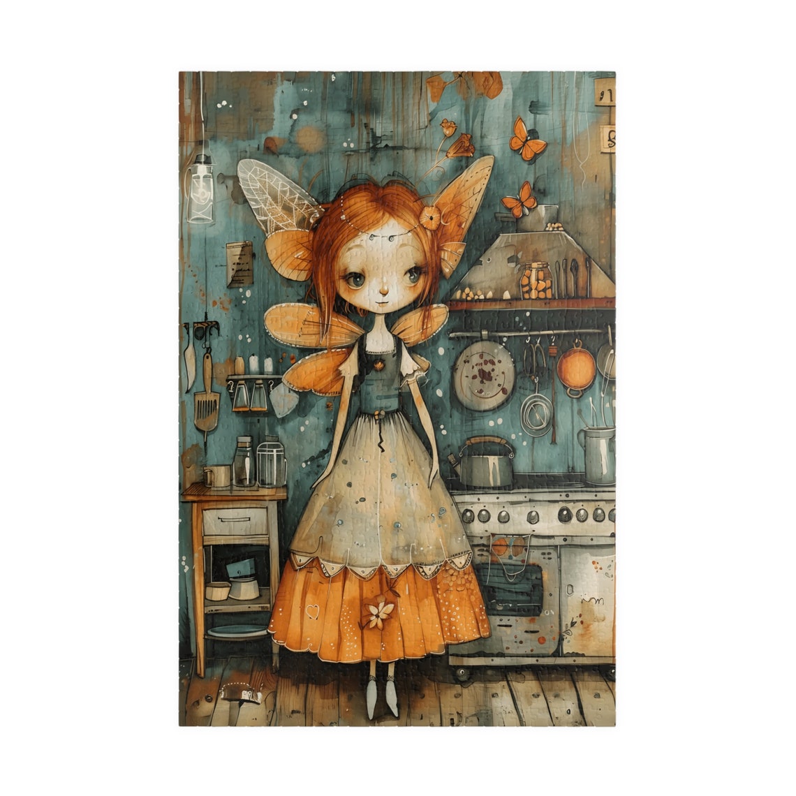 Red Haired Orange Fairy Standing in a Rustic Country Kitchen Art Print - Image 3
